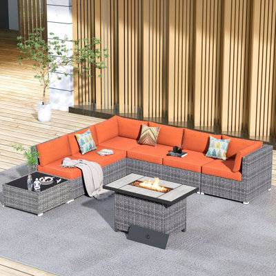 Ensemble de conversation pour 8 personnes avec table basse, ensemble de conversation modulaire en rotin et osier avec coussins, ensemble de conversation pour canapé toutes saisons avec foyer pour table de jardin