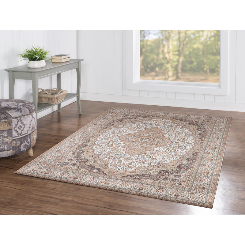 Emanuel Traditional Machine Woven Flatweave Ivory and Gold Area Rug with Non Skid Backing , Rectangle 5' x 7'