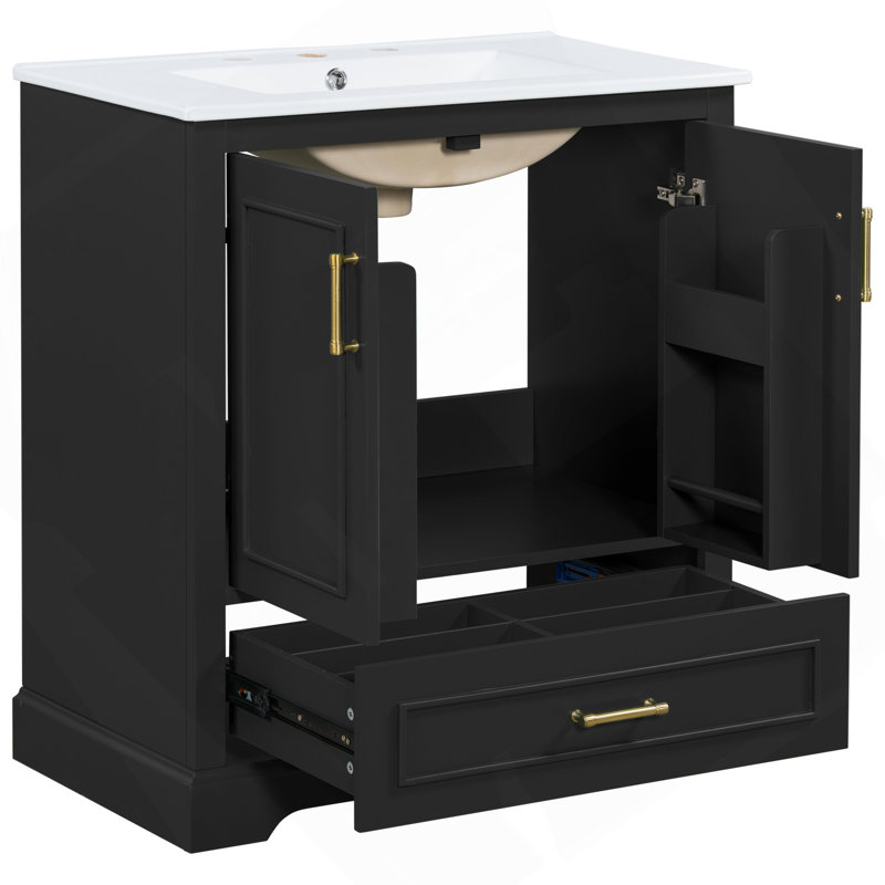 Meuble-lavabo autoportant de 30 po avec lavabo, panneau de fibres à densité moyenne et structure en bois massif, 1 tiroir de séparation et 2 portes à fermeture en douceur (double tablette sur la porte)