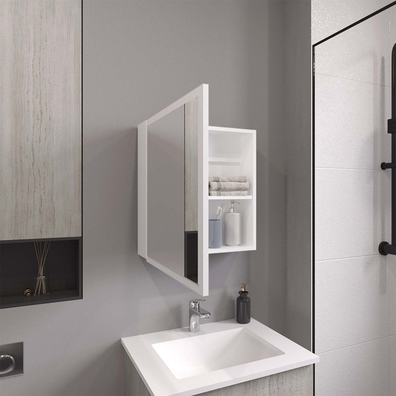 Armoire à pharmacie Duma Mirror, une porte avec quatre tablettes intérieures pour la salle de bain et la cuisine, Blanc