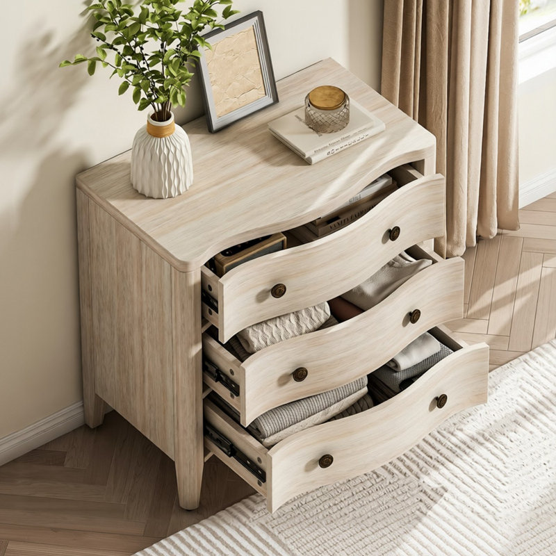 Andrile 27'' W Transitional 3-Drawer Curved End Table with Charging Station and Solid Wood Legs, White