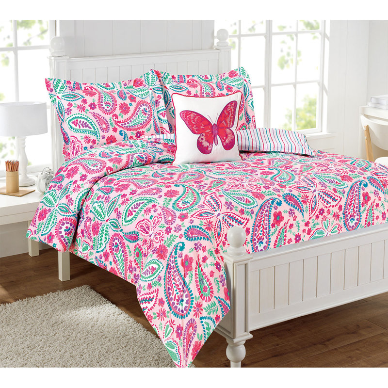 Pink and Aqua Microfiber Reversible Twin Bedspread Set