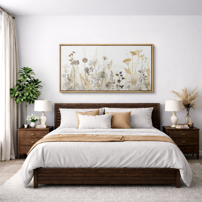 Wildflower Meadow Field Neutral Landscape Nature Wall Decor for Living Room Bedroom Office Extra Large Pictures Framed Canvas Print Wall Art