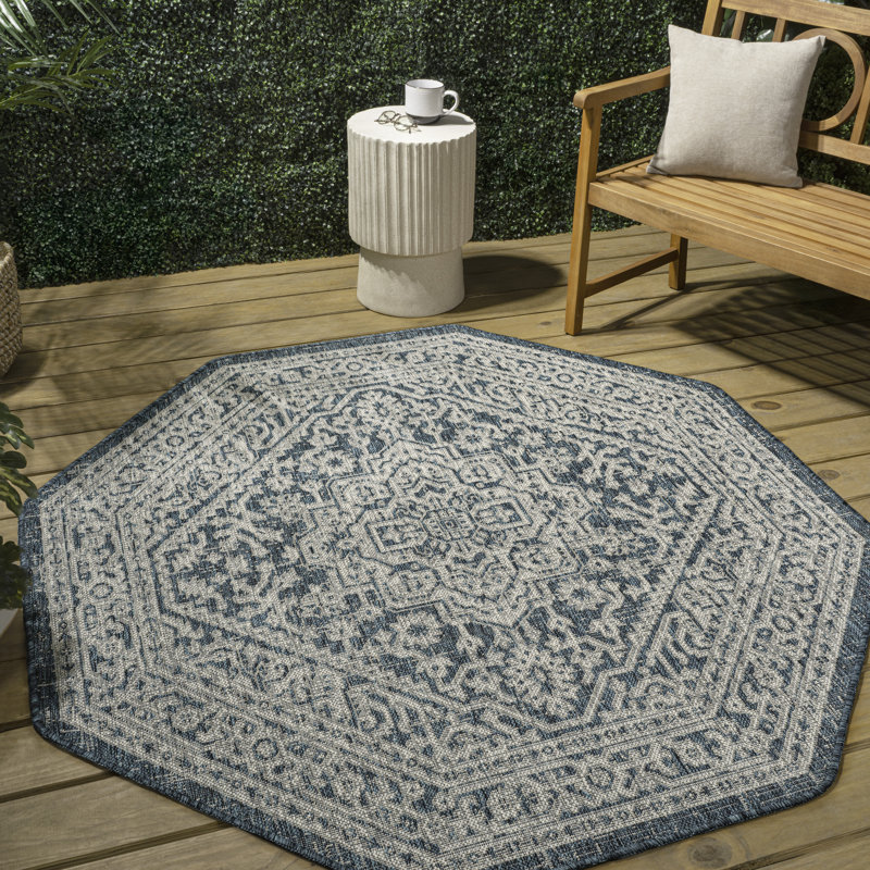 Moten Medallion Textured Weave Teal Blue/Gray Indoor/Outdoor Rug, Octagon 7'9"