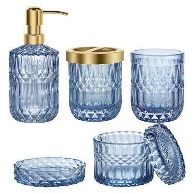 Ensemble d'accessoires de salle de bain, ensemble de décoration de salle de bain en verre 5 pièces, comprend distributeur de savon, porte-savon, porte-brosse à dents, gobelet et pot, cadeau rétro (bleu)