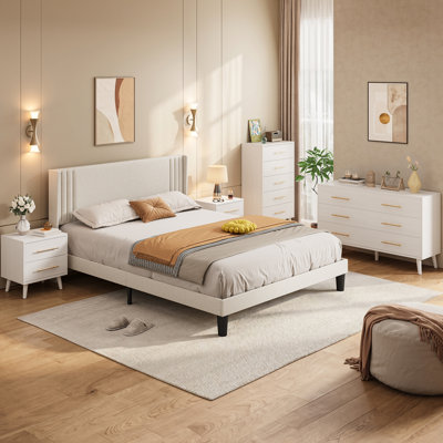 5-Piece Bedroom Furniture Set with Upholstered Platform Bed Frame, 2 Nightstands, 6-Drawer Dresser, and 5-Drawer Chest