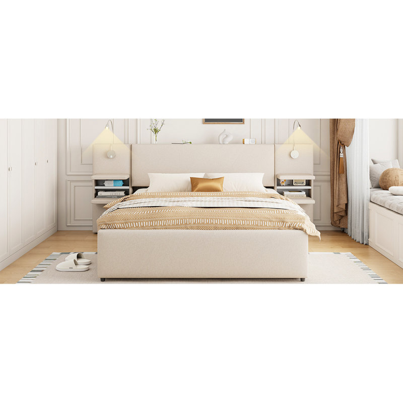 Queen Upholstered Platform Bed with Reading Lights, Drawers, Trundle and Shelves, Beige, Beige