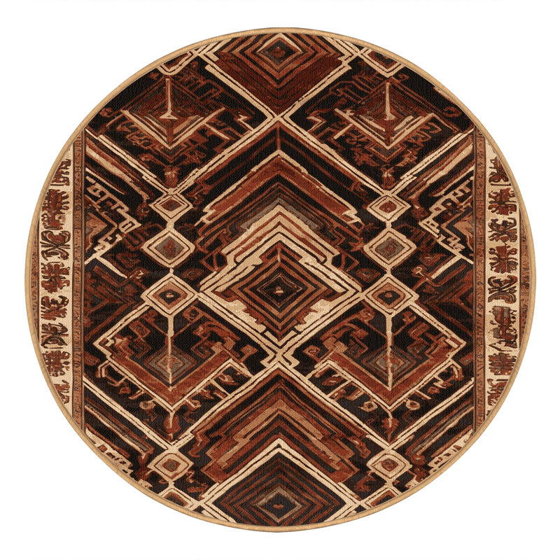 Machine Washable Art Deco Brown Area Rug, Round 3'