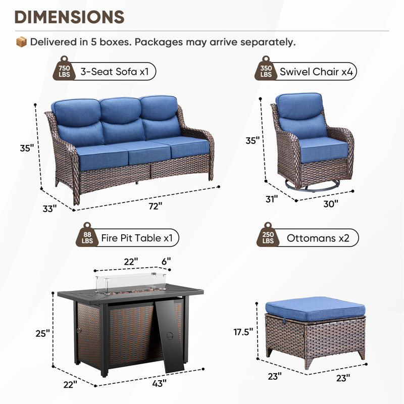 Ensemble de conversation d'extérieur 8 pièces Polygala avec foyer rectangulaire en métal, 4 fauteuils pivotants et canapé 3 places, coussins épais