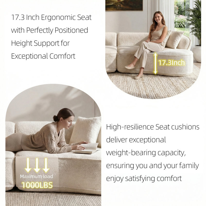 Boneless 114''W Compressed Oversized Sectional Curved Sofa,Modern Luxury Chenille Fabric 4-Seater Sofa With 3 Pillows, Camel