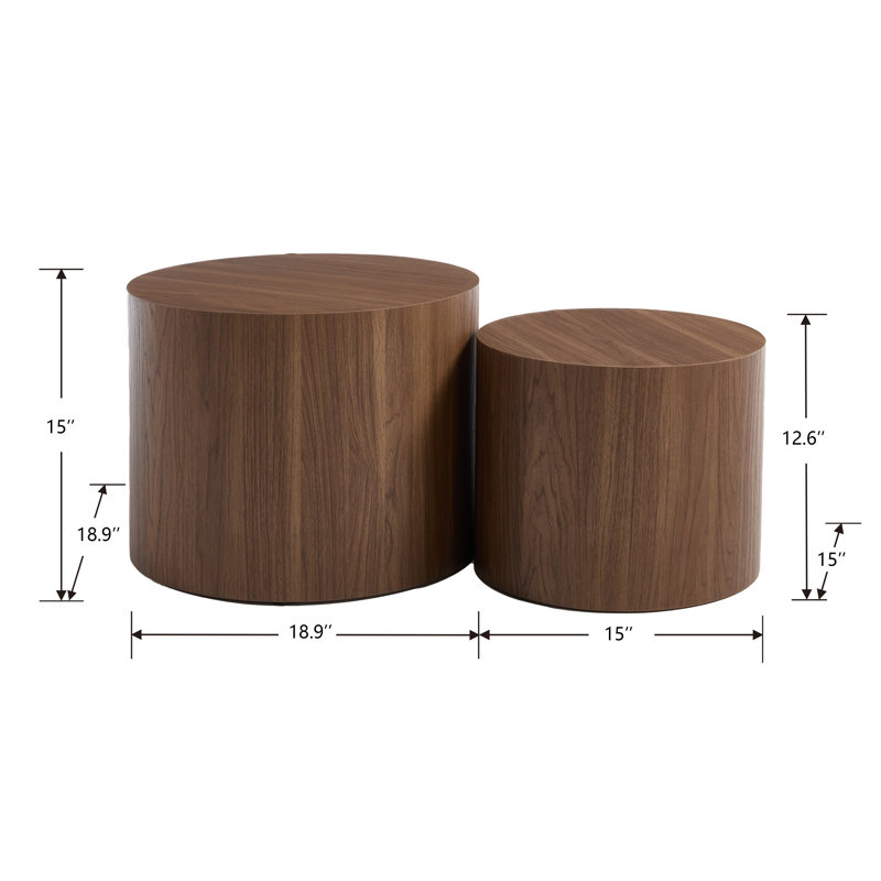 Round Nesting Drum Coffee Table For Living Room, Bedroom Without Assembling, Espresso Wood