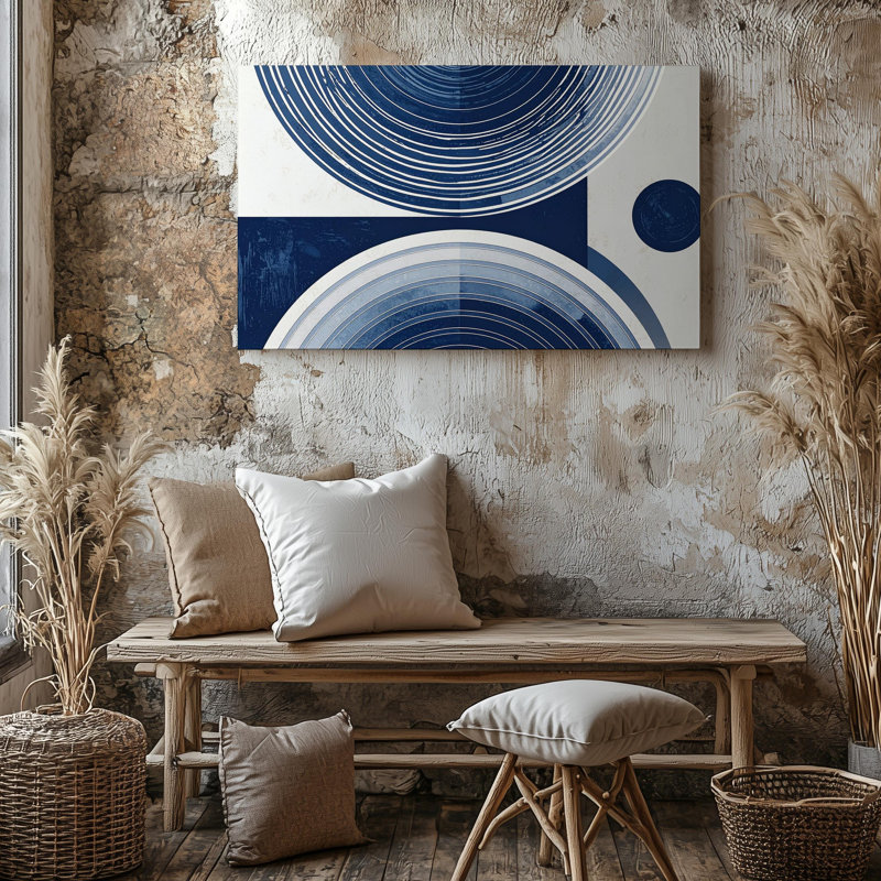 Art mural sur toile, demi-cercle bleu marine, trio minimaliste Mid Century Art géométrique prêt à accrocher, H 9 po x l 12 po