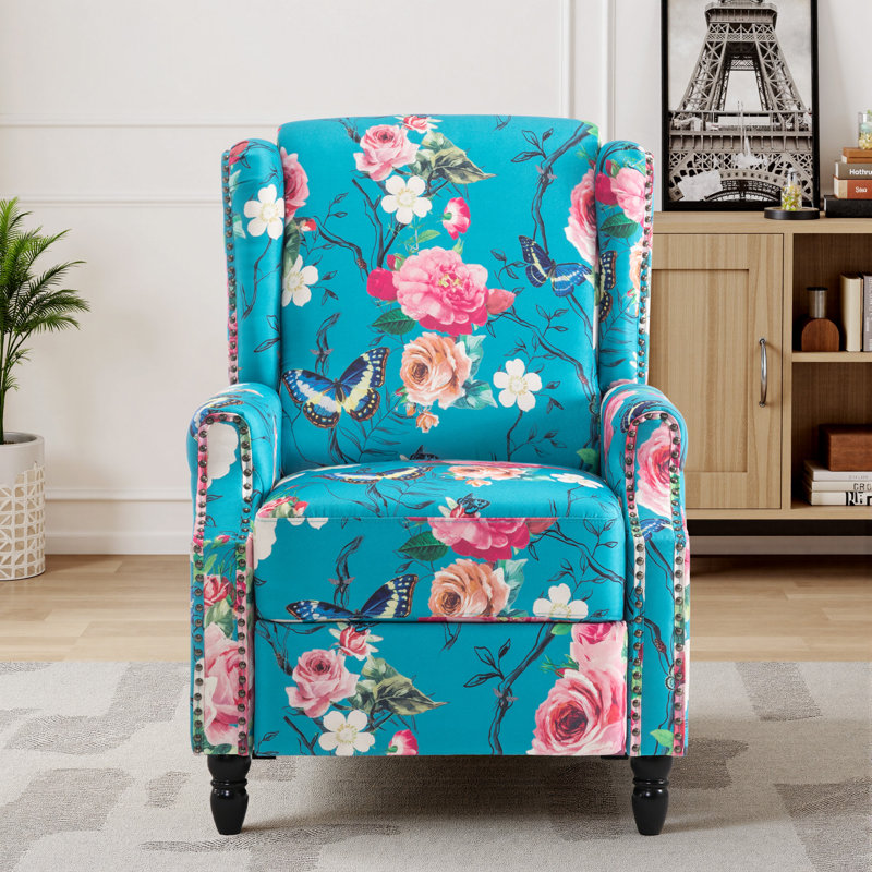 Upholstered Classic Wing Back Manual Push Back Recliner With Naihead Trims And Solid Vase-Shape Wooden Legs