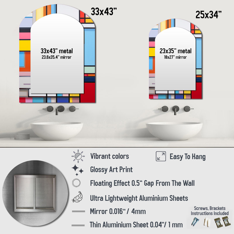 Rainbow De Stijl Abstraction - Miroir mural moderne arqué jaune, 34 po x 25 po