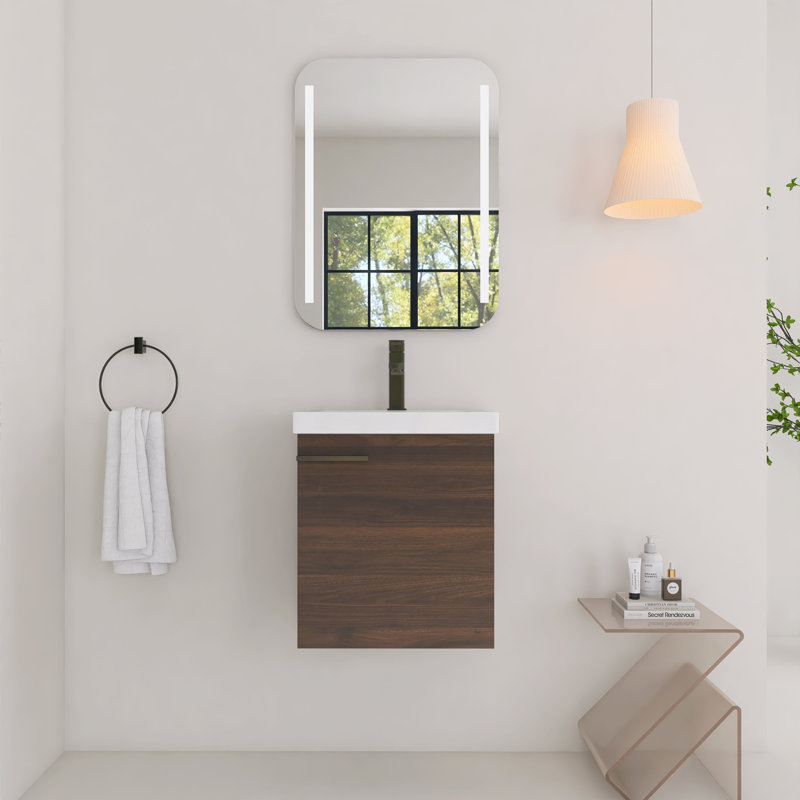 Armoire de salle de bain simple 18 "avec lavabo en céramique, petit meuble-lavabo mural avec porte d'armoire tampon, Noyer