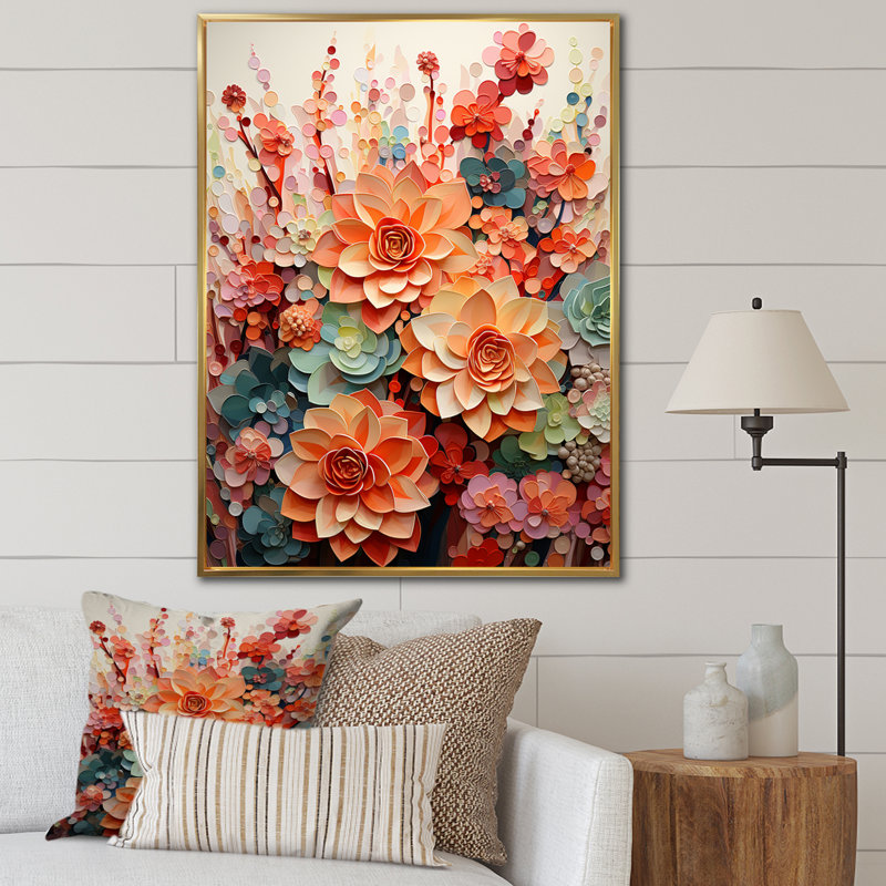 «Ingleview Orange Pink Succulents Flowers I», reproduction sur toile, H 32 po x l 24 po x P 1 po, Cadre flottant doré