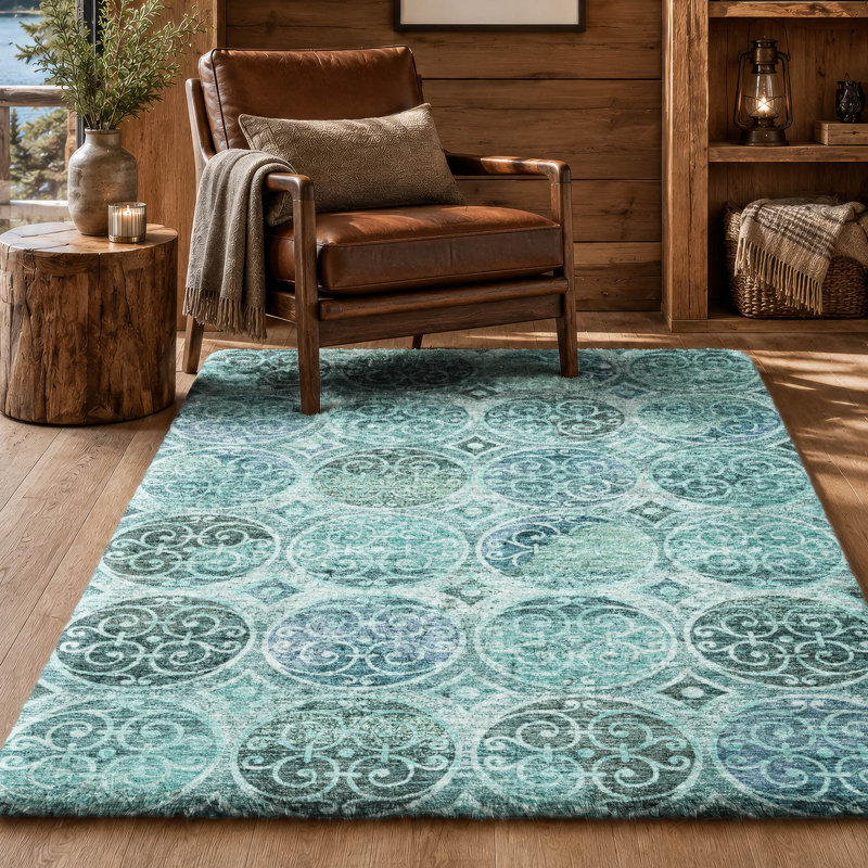 Tapis Dream Shag ADS738 à cercles, lavable à la machine de qualité supérieure, Teal, 9' x 12'