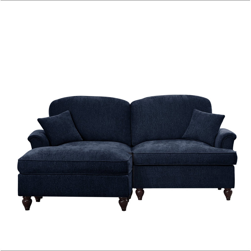 Élégant canapé Mid-Century à deux places en forme de L avec accoudoirs évasés et volants amovibles, Bleu