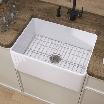 Single Bowl Fireclay Farmhouse Kitchen Sink with Sink Grid and Basket Strainer