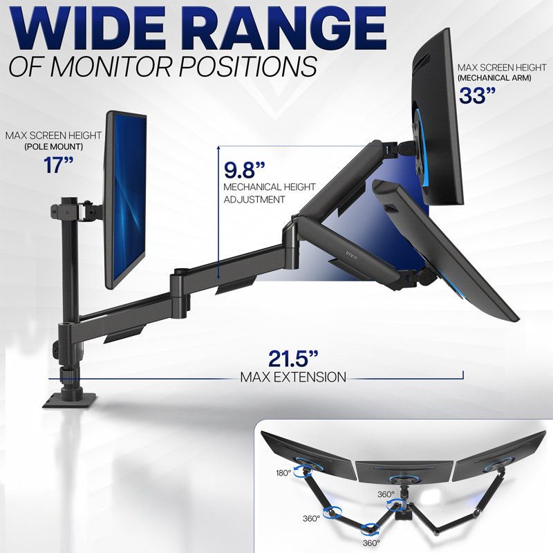 Support de bureau triple VIVO, 2 bras mécaniques + 1 fixe, écrans jusqu'à 27 po