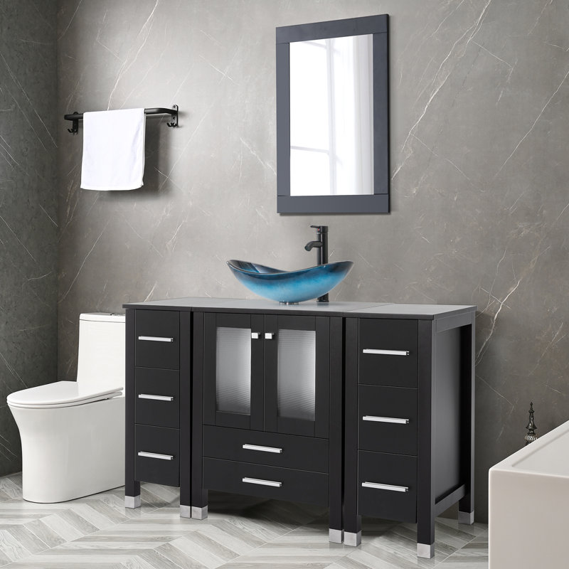 Meuble-lavabo simple 48 po avec plateau Graycelyn, Noir, Bleu