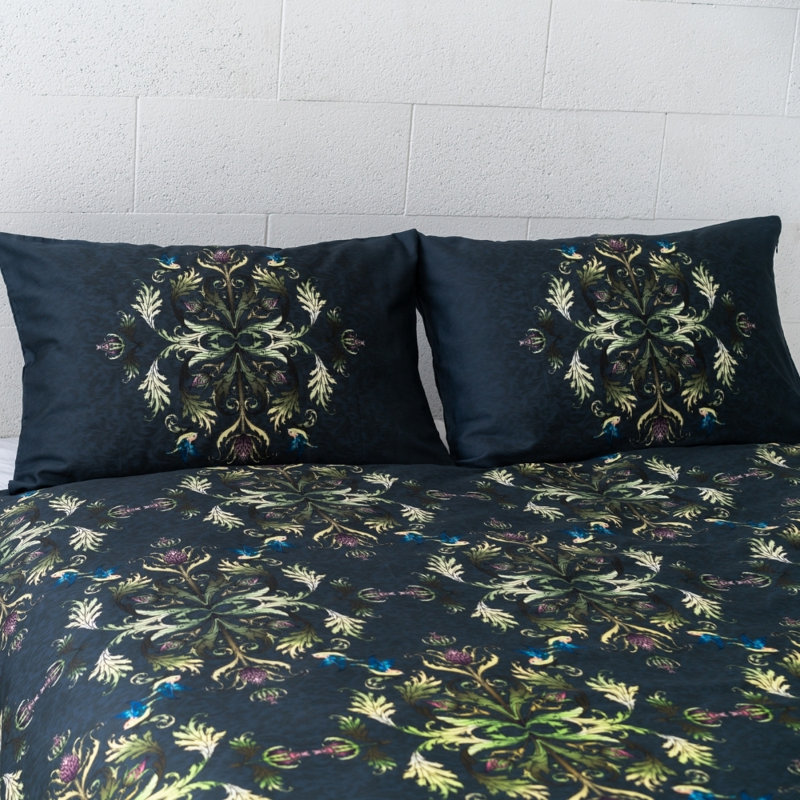 Latrell Cotton Damask Duvet Cover Set with Pillowcases, 200 x 200 cm - 2 Standard Pillowcases, Green/Dark blue