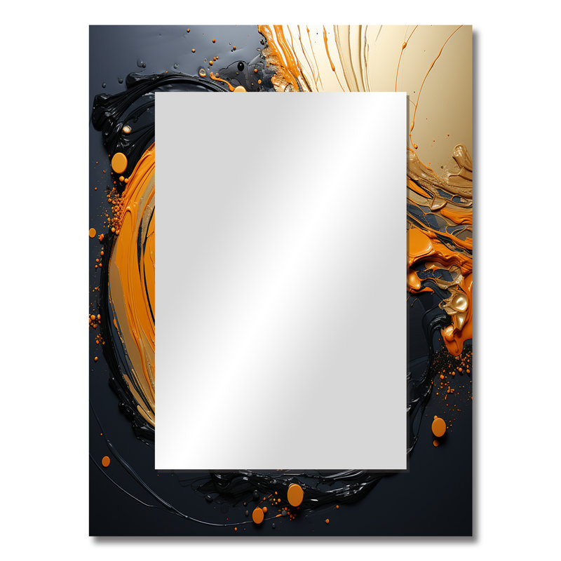 Black And Orange Marble Moon I - Abstract Decorative Mirror On Metal, 32" x 24"