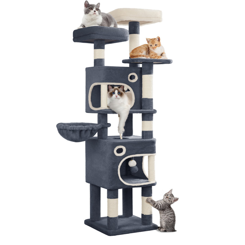 159 cm Cat Tree for Indoor Cats, Cat Tower, Multi-Level Cats Condo with 8 Scratching Posts, 3 Platforms, 2 Caves, Basket, Plush Balls, Sisal Rope, Anti-Tip Kit