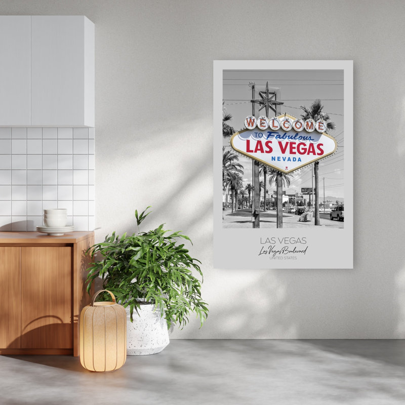 Fabulous Las Vegas Welcome Retro Abstract Palm Tree Architecture City Wall Art Print 1 Piece Wrapped Canvas Wall Art