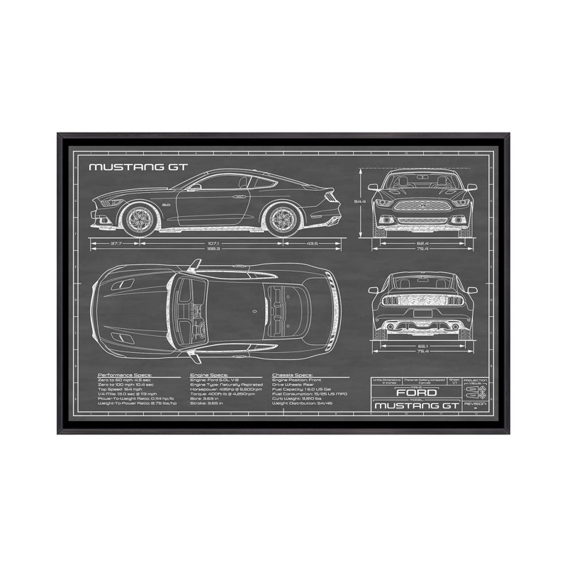 Mustang GT (2015-2017) - reproduction de dessin, Toile avec cadre noir patiné, Pas de tapis, H 40 po x l 60 po x 1,5 po