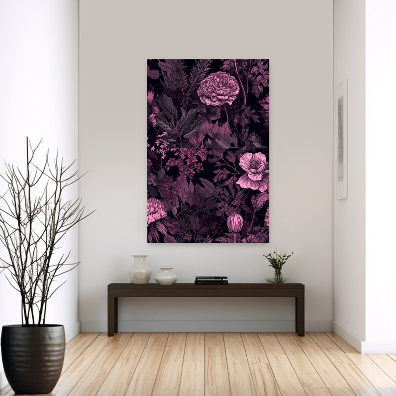 «Midnight Botanical Bloom», art mural rétro, forêt abstraite, nature, H 60 po x l 40 po