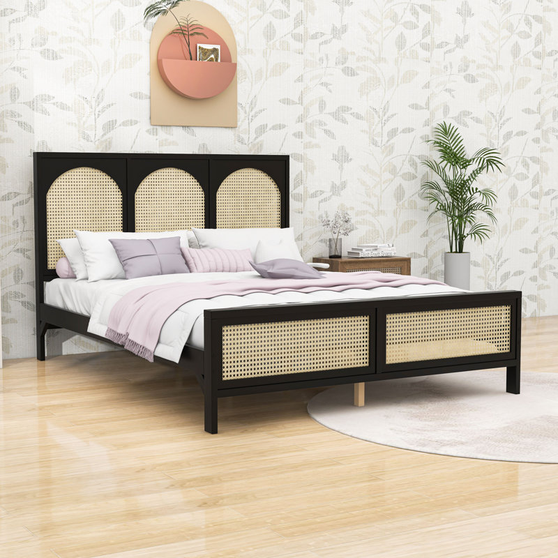 Lit plateforme en bois avec rangement et tête de lit robustes, Noir / Beige, Grand lit