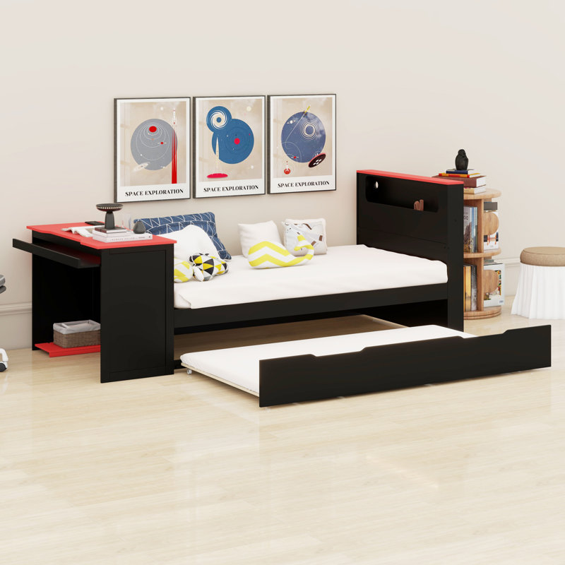 Wood Daybed with Trundle, Writing Desk, Built-in LED Lighting & USB Charging Ports, Twin, Black+Red
