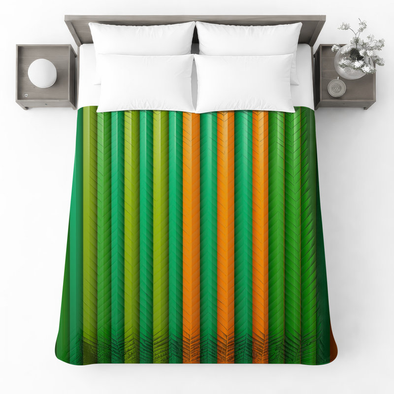 Green Orange Vertical Stripes Bedding Stripes Bedspread Pattern, Twin