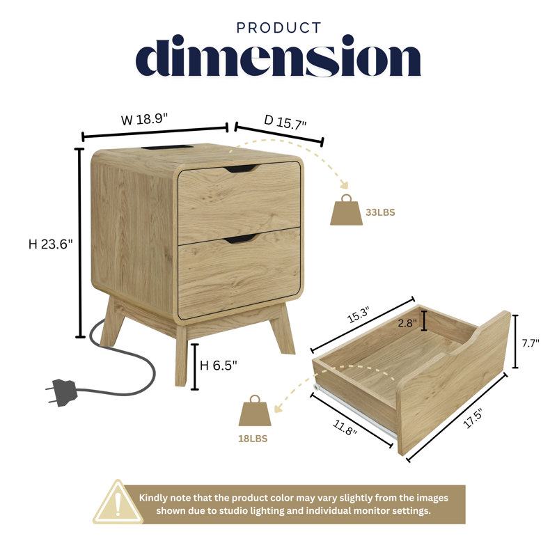 Meadow 2 Drawer Nightstand with Charging Station, Bedside Table with Storage Drawers, Night Stand for Bedroom, End Table or Side Table for Living Room, 15.7" D x 18.9" W x 23.6" H