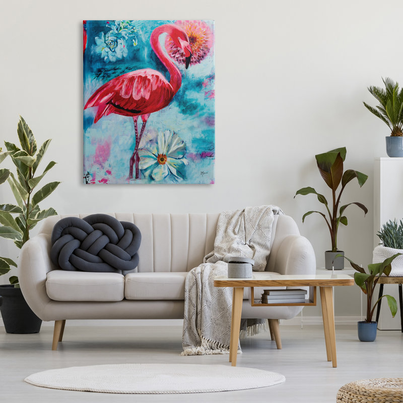 «Modern Flamingo and Blooms» par Linda McClure, H 48 po x l 36 po x P 1,5 po