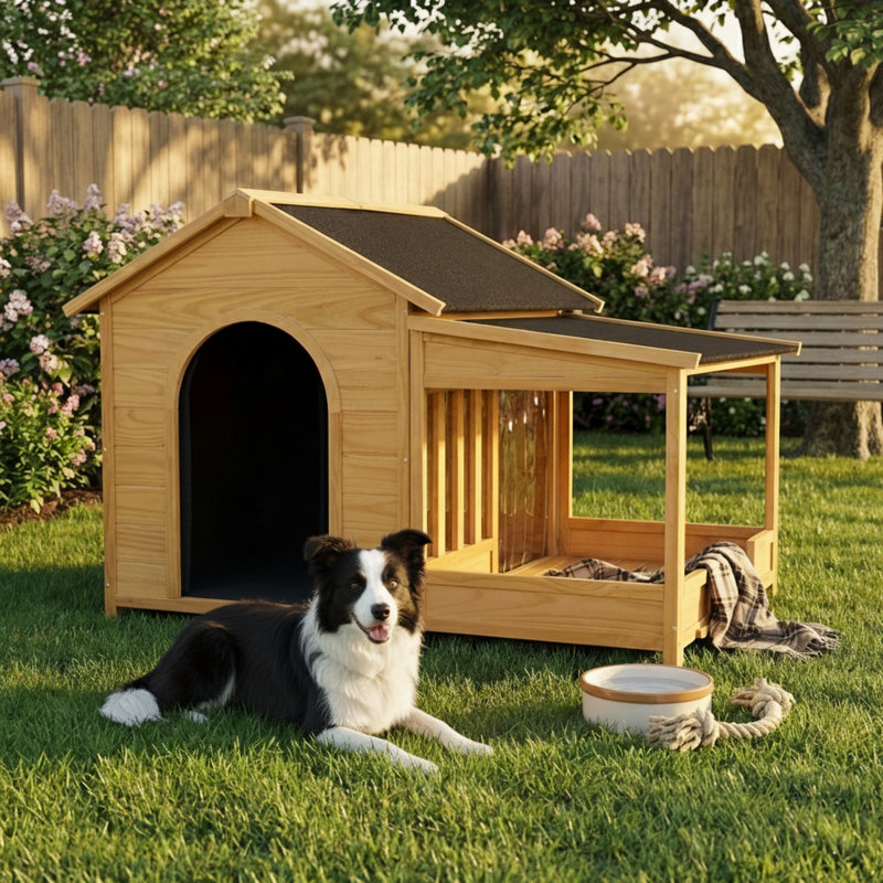 Grand chenil d'extérieur en bois 60 po avec doublure isotherme et abri de jardin de style chalet pour les chiens de taille moyenne