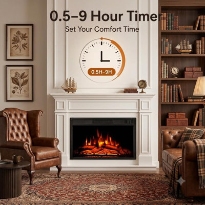 Foyer électrique encastré de 58 cm (23 pouces), chauffage de 1500 W avec télécommande, 3 niveaux de luminosité des flammes et des braises, minuterie de 0,5 à 9 h, verre trempé, foyer encastré noir pour intérieur