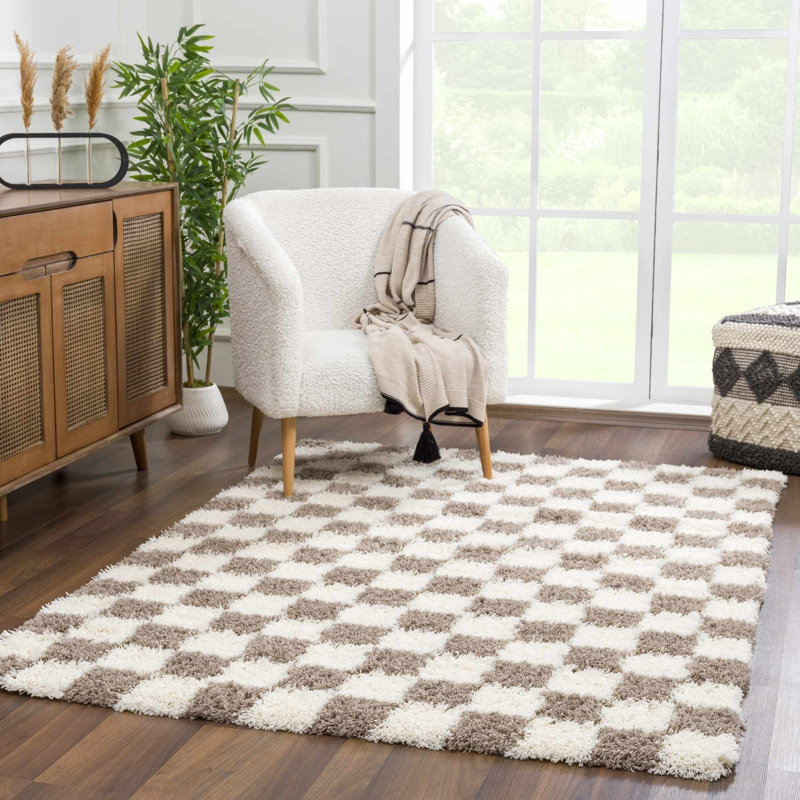 Atiran Checkered Shag Brown Area Rug, Rectangle 5'3" x 7'3"