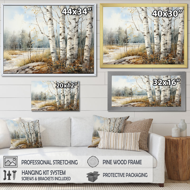 Beauté de bouleau beige et gris I sur toile, Cadre photo noir simple, H 16 po x l 32 po x P 1 po