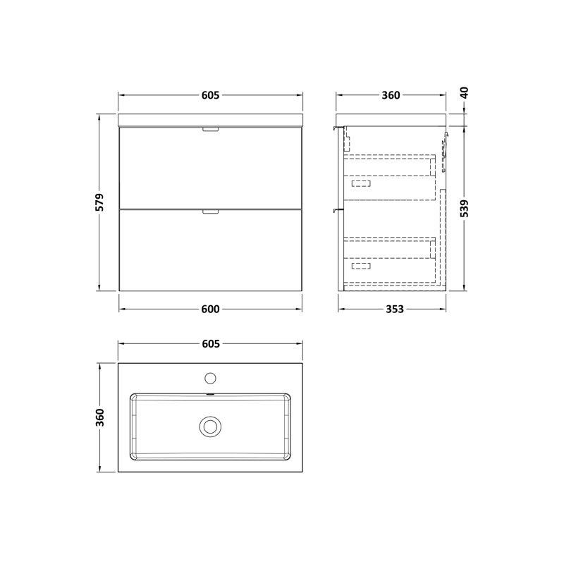 603mm Single Bathroom Vanity with Drop In Poly Marble Basin