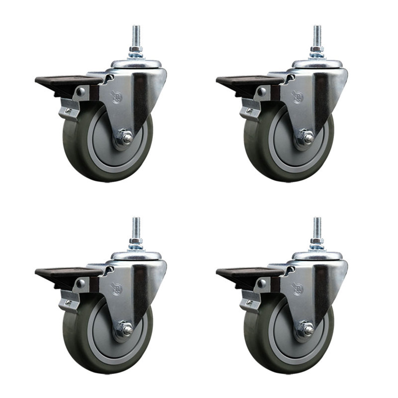 Ensemble de roulettes à tige filetée de 4 po en polyuréthane de 3/8 po avec frein, Gris