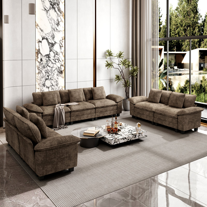 Ensemble de canapé modulaire rembourré 3 pièces, ensemble de canapé surdimensionné avec canapé et causeuse, Chenille brun