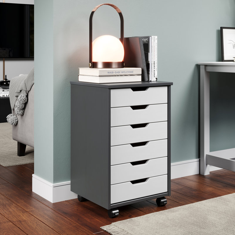 SOLID WOOD ROLL CART & STORAGE CHEST 6 DRAWER GRAY & WHITE, White/Grey