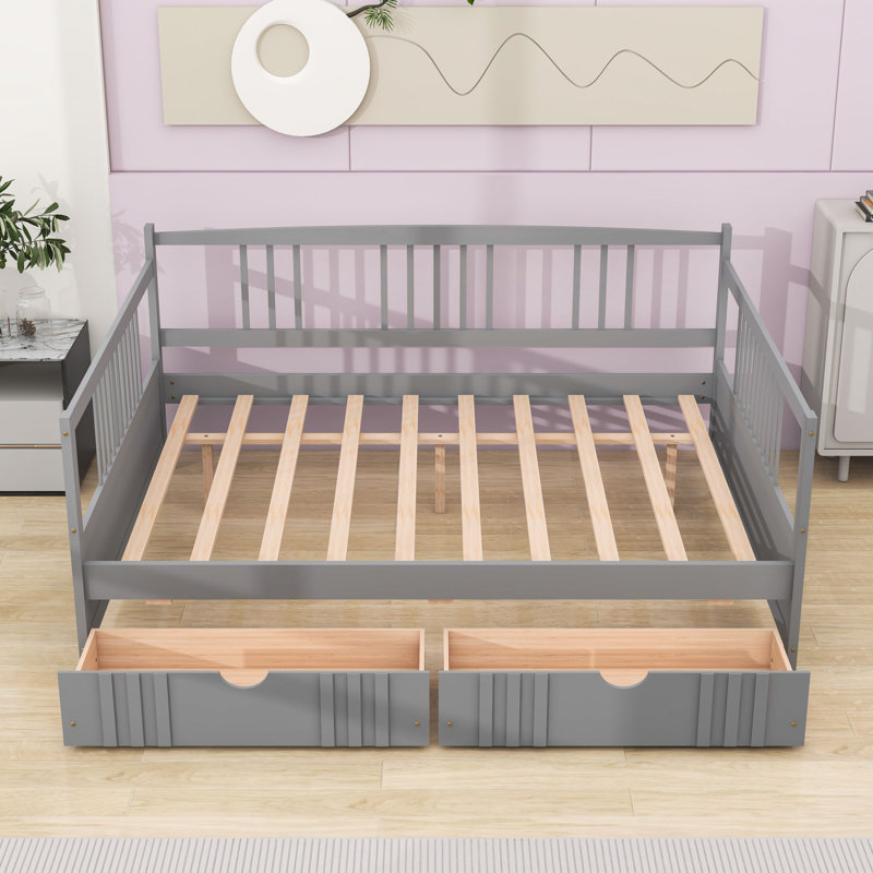 Full Size Wooden Daybed with Dual Drawers and Slats, Gray