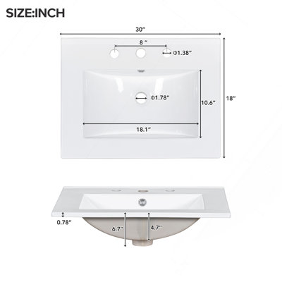 Meuble-lavabo de 30 pouces avec lavabo en céramique, tablette réglable, porte à fermeture en douceur et trois tiroirs à fermeture en douceur