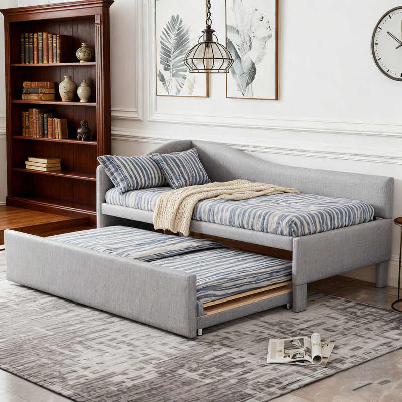 Upholstered L-Shaped Upholstered Daybed with Pop Up Trundle, Gray