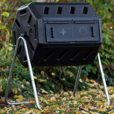 FCMP Outdoor 37 Gallon Elevated Dual Chamber Tumbling Garden Composter Bin, Black