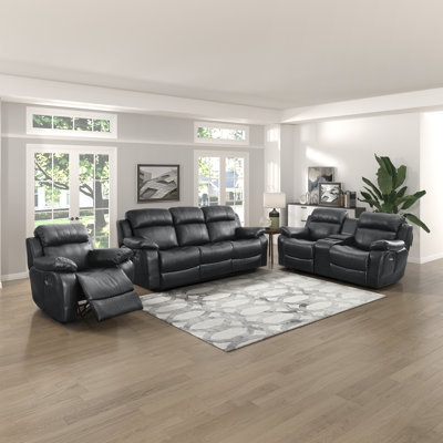 Jizzel Traditional Faux Leather 3-Piece Living Room Set with Gliding Motion, Drop-Down Table & Center Storage Console by Latitude Run