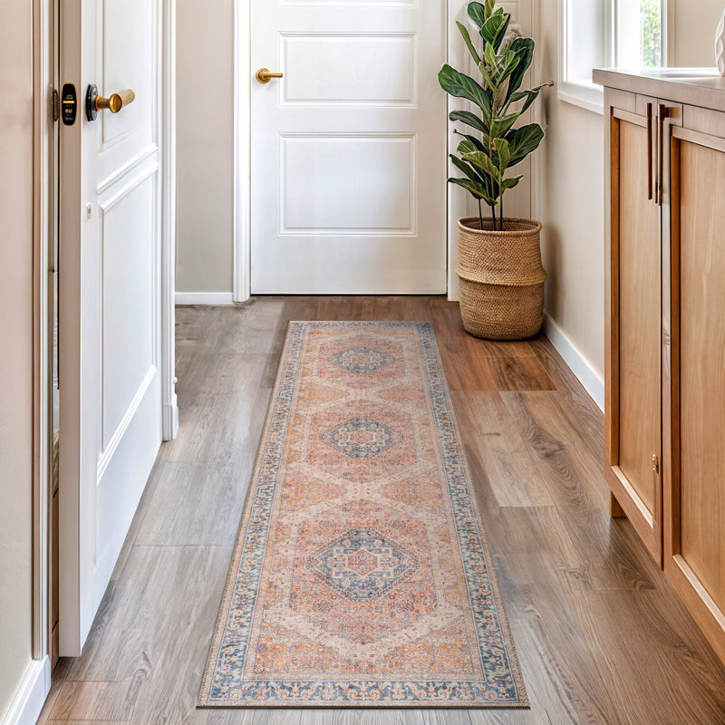 Valora Rust Medallion Pattern Machine Washable Flatweave Rug With Non-Slip Backing, Runner 2'6" x 8'